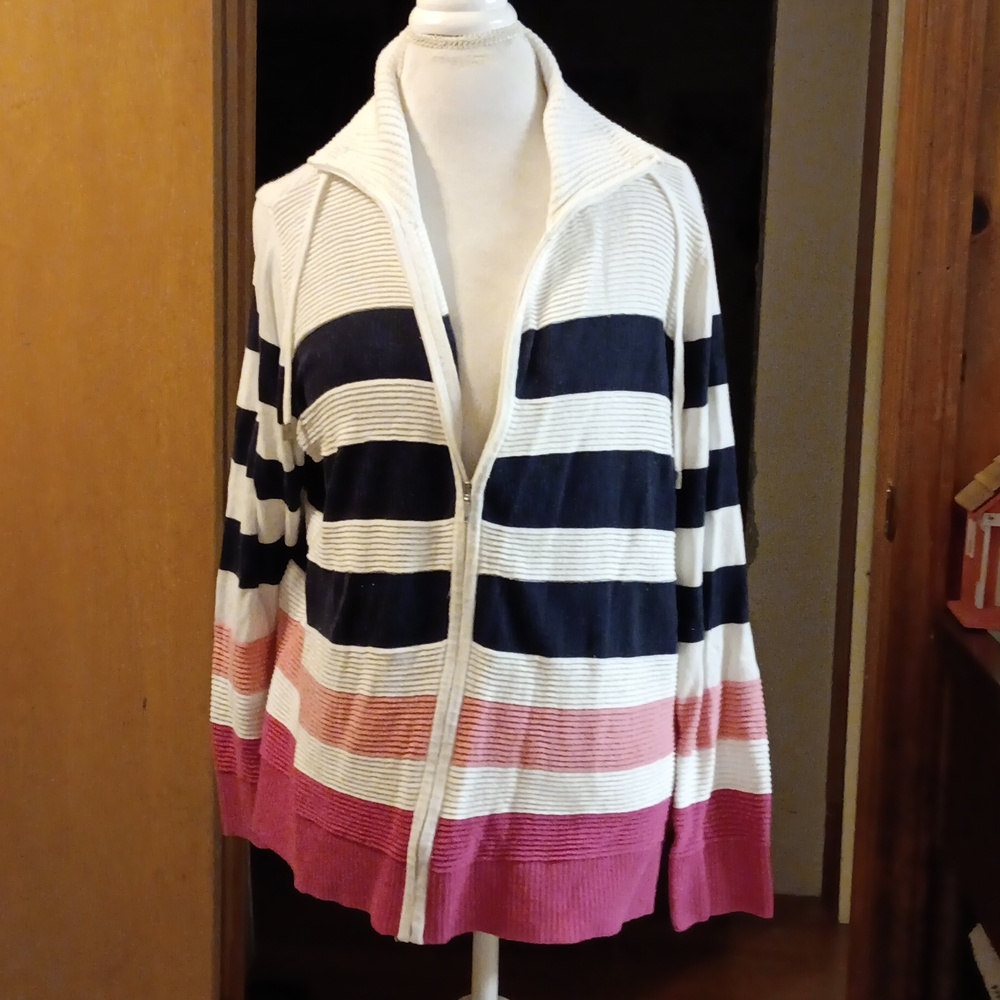 Cj Banks zipper sweater size x with navy, pink, stripes on white.